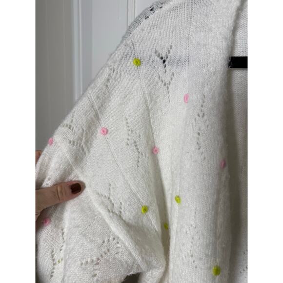 FRNCH Paris White Lightweight Rosette Embroidered Floral Cardigan Sweater Medium - Picture 3 of 9